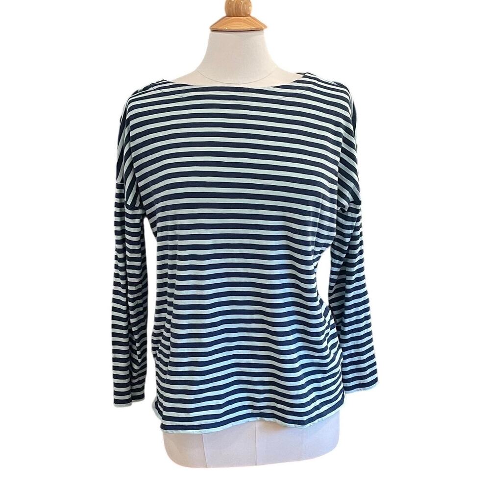J. Jill Cotton Navy and Baby Blue Striped Long Sleeve T-Shirt, Preppy Casual, M